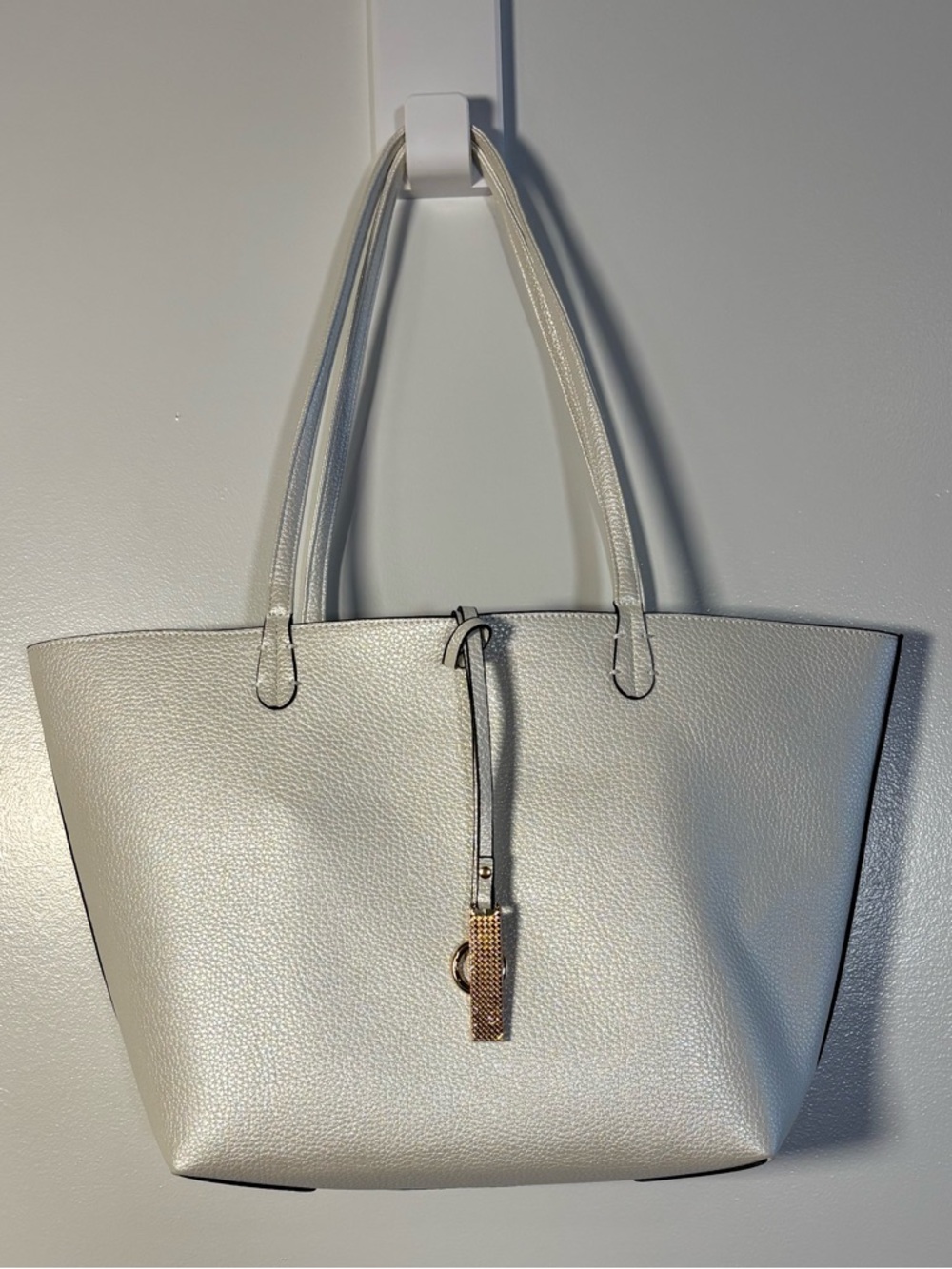 Kendra Reversible Vegan Leather Tote w/Gold Charm Accent Width 16” Length 10” - Picture 2 of 7